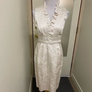 Eliza J Cream Jacquard Ruffle V-Neck Midi Dress with Belt